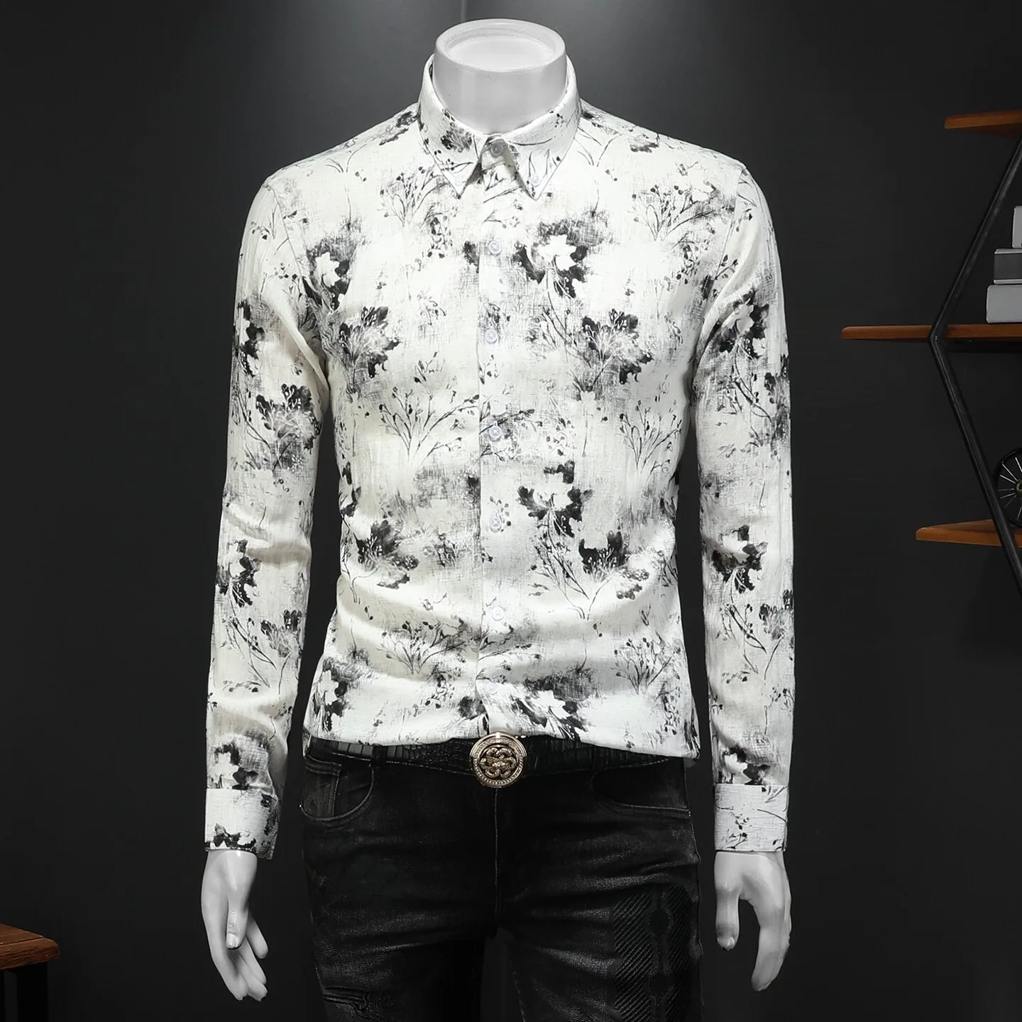 

Spring 2026 Men's Large Size Floral Print Jaet Casual Trendy Brand Cotton Lined Slim Fit Long Sve Classic Sle Button up