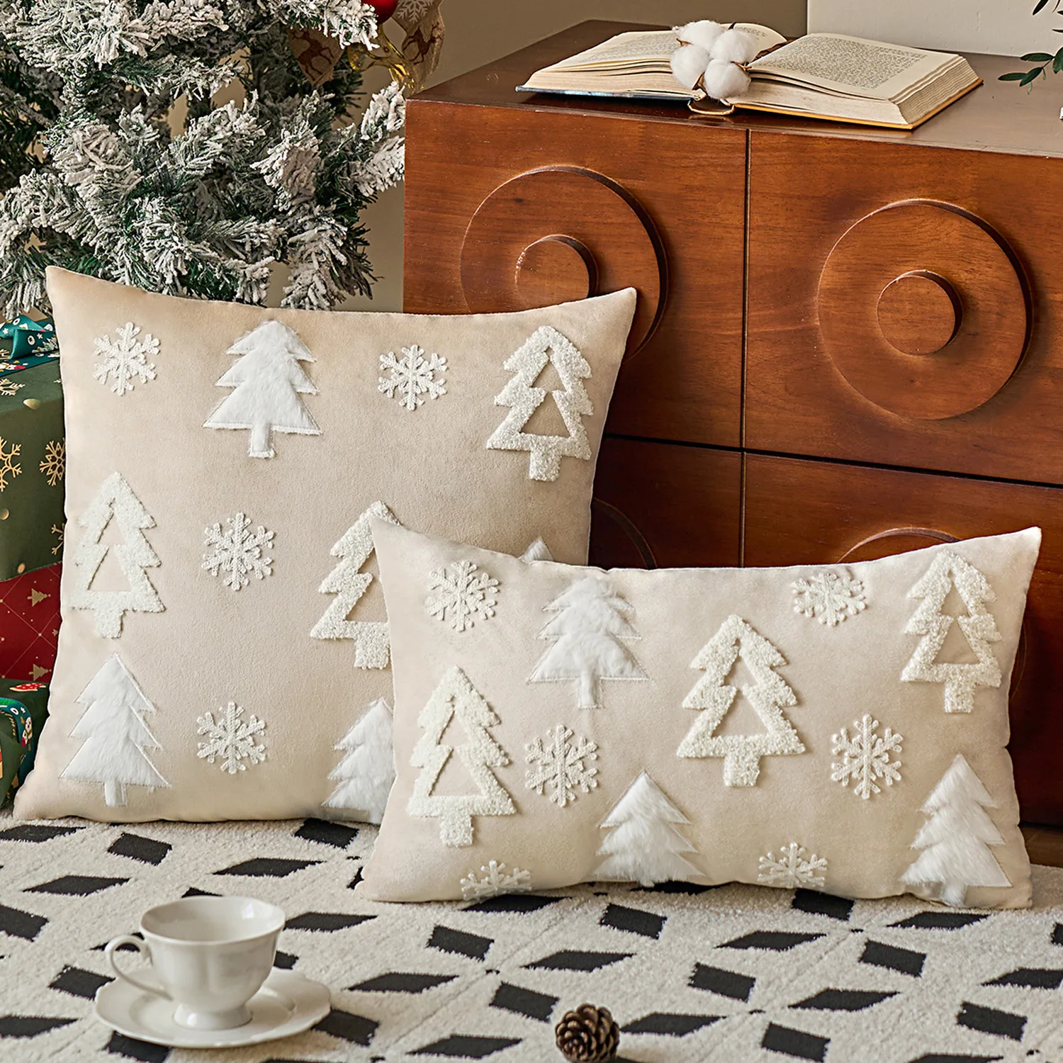 Christmas Tree Cushion Cover, Soft Velvet, Embroidery Snowflakes, Green, Red, Grey, Ivory, 45x45cm, 30x50cm, Home Decoration