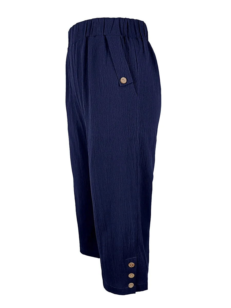 Damen Sommer Casual Caprihose mit Elastischem Bund, Einfarbig, Locker Geschnitten, Wadenlänge, mit Taschen und Knopfdetail, Basis-Hose – Detail 9