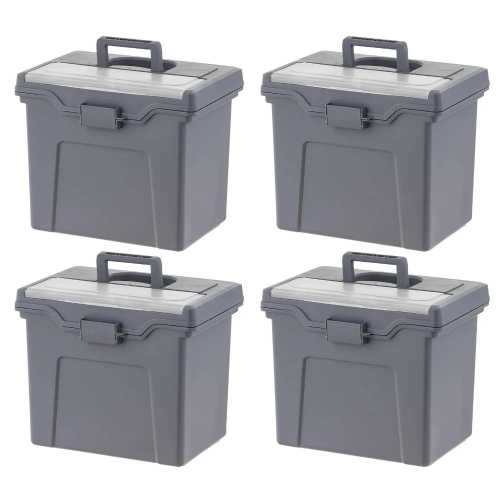 

Portable Plastic File Box with Organizer Lid, Letter Size, Gray, 4 Pk