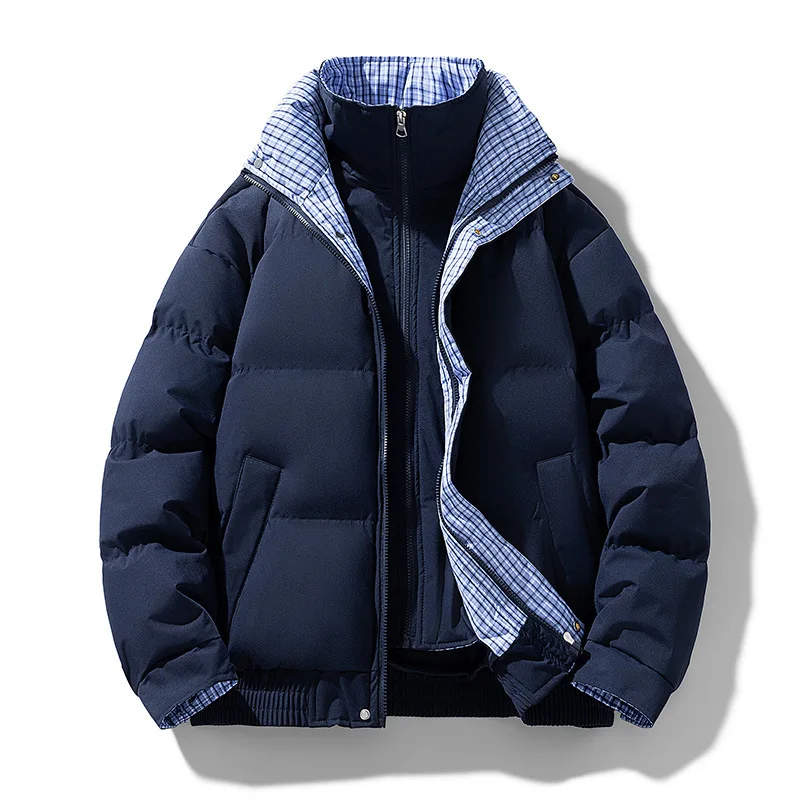Winter Plaid Splicing Fake Two-piece Cotton-padded Coat, Cold-proof Couple with The Same Thickened Warm Bread Jacket