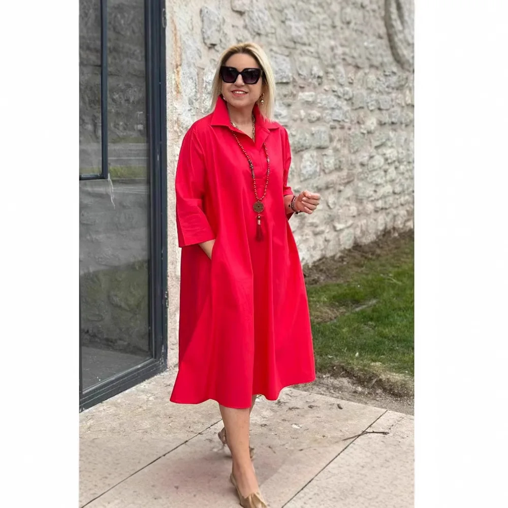 

Spring and summer women's large-size dress temperament simple lapel seven-quarter sleeve pocket long dress