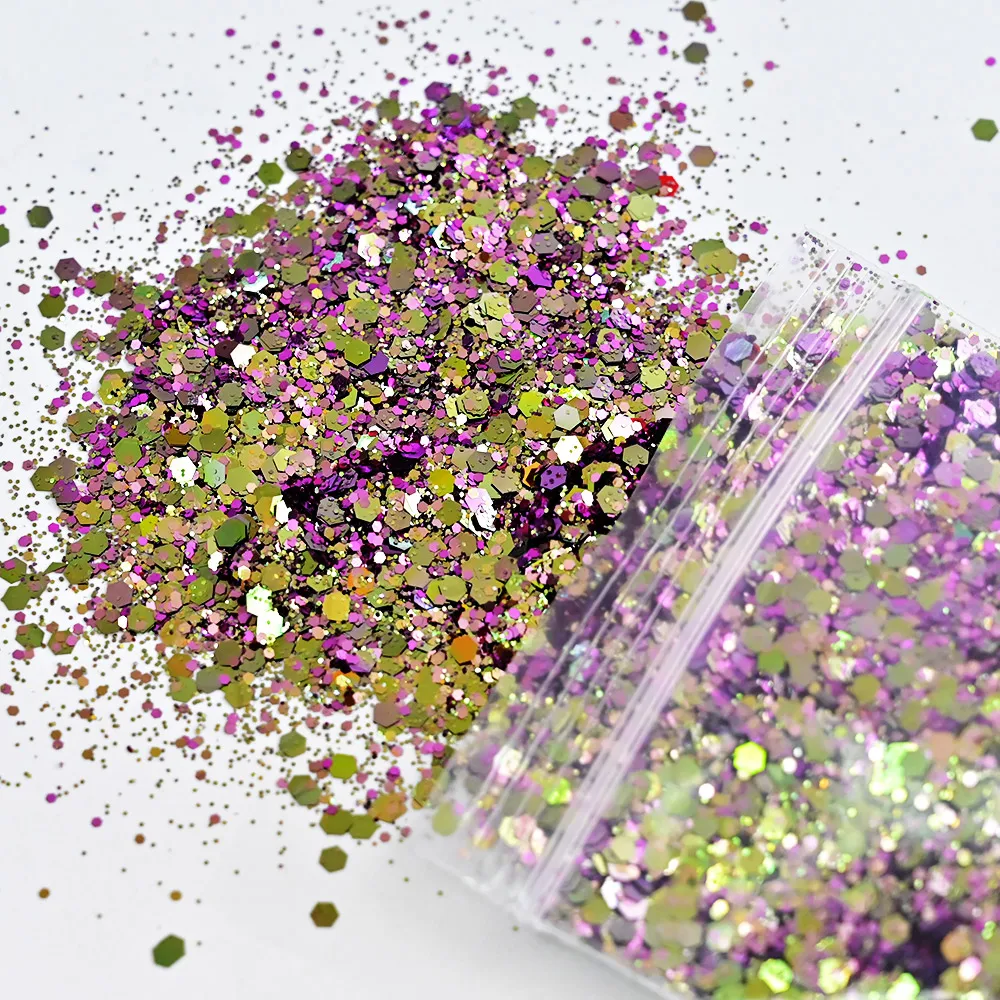 Flocons de paillettes pour ongles, 50 g/sac, caméléon, sirène, nail art, mélange de tailles, gros-hexagone, laser, brillant, décoration de manucure