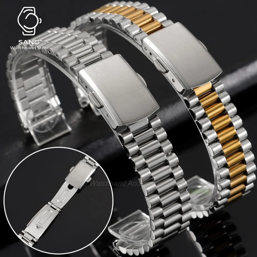 10mm 12mm 14mm 16mm Silver Gold Solid Stainless Steel Watch Bracelets Universal Watchbands Casual Metal Double Clasp Watch Strap