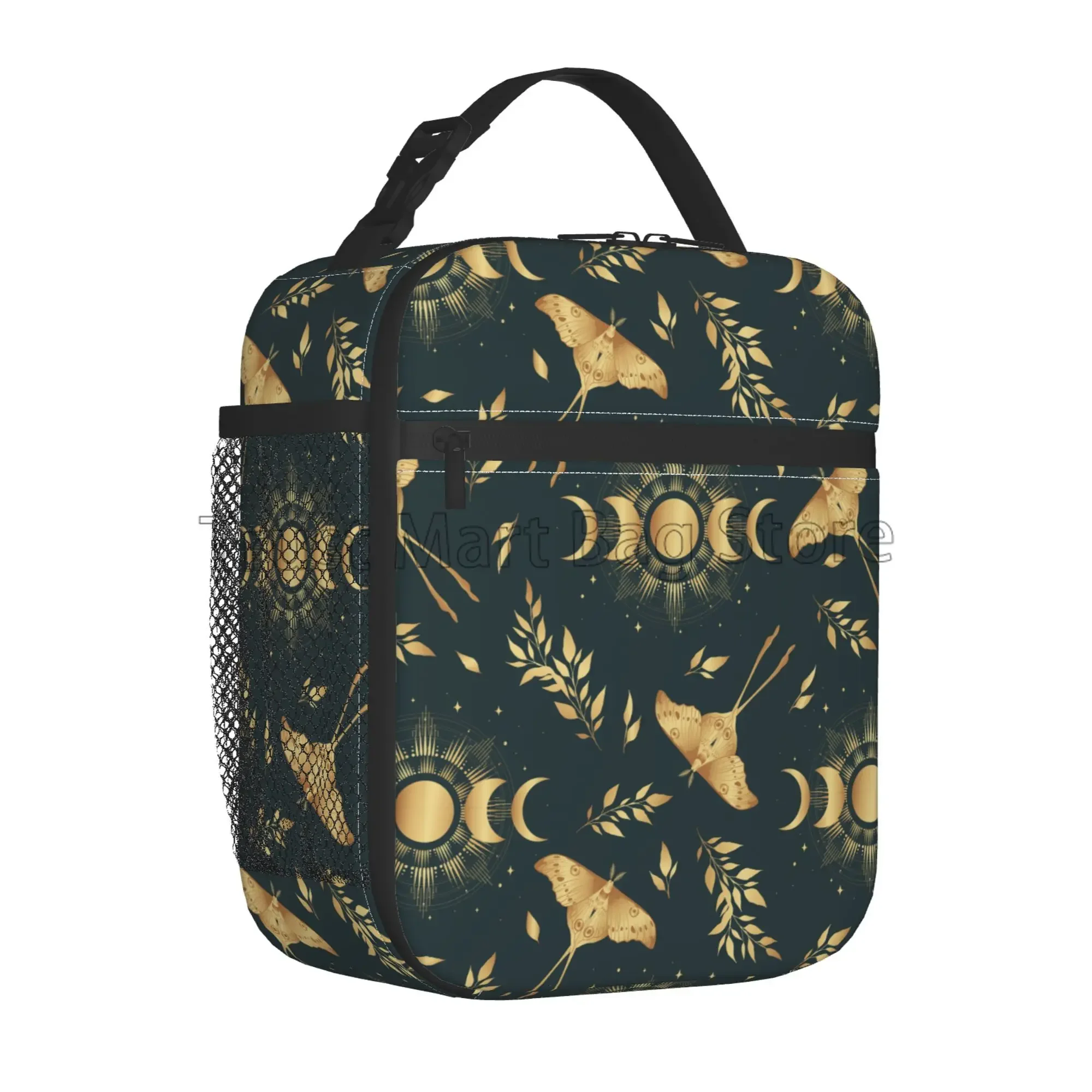 Magic Moon Moth and Moon Phases in Gold Colors Thermal Lunch Bag for Women Reusable Portable Lunch Box Waterproof Cooler Tote