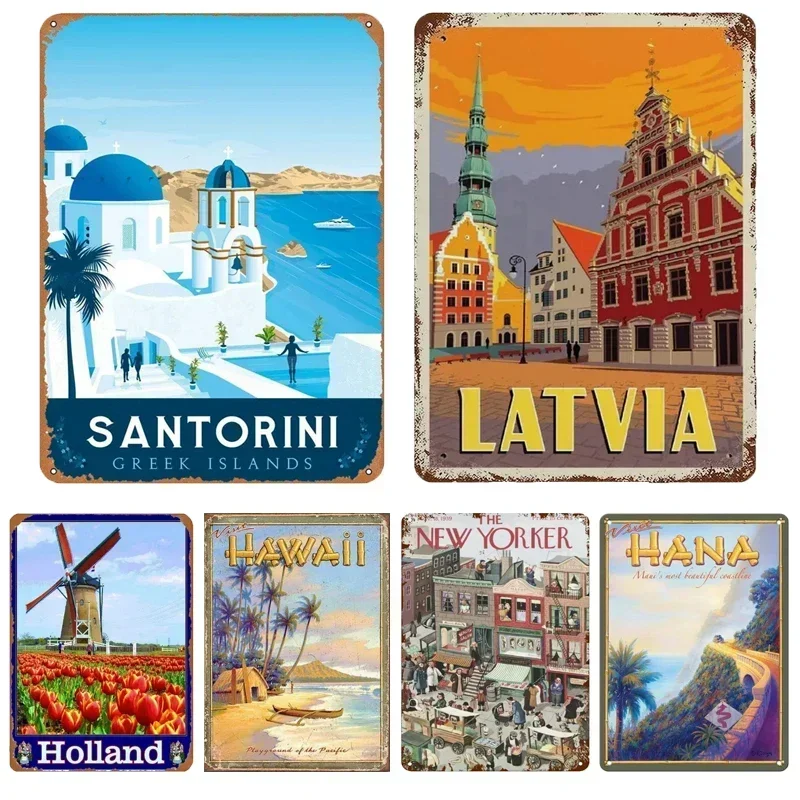 Санторини Латвия Голландия Пейзаж Металлическая жестяная вывеска Винтажный настенный декор Путешествия Экскурс Кофейня Паб Украшение дома Табличка