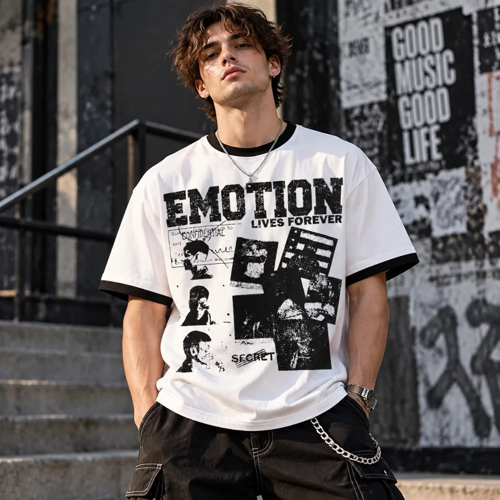 Graffiti Pattern T-shirt Mixed Emotional Street Fashion Pure Cotton Retro Hip-hop Casual Men's Short Sleeved T-shirt