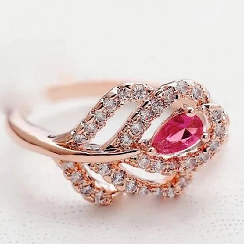 Huitan Rose Gold Color Leaf Rings with Red Cubic Zirconia Gorgeous Women Finger Accessory for Wedding Party Temperament Jewely