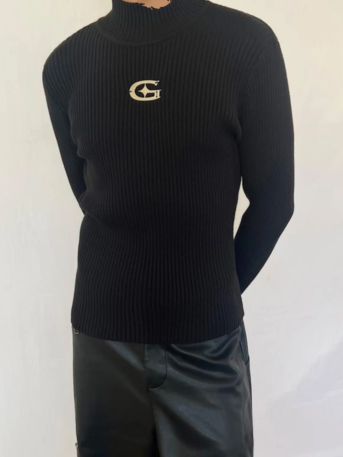 

Slim Fit Metal Decorated f High Ne Men's Knitwear Trendy Long Sve Youthful Sle Autumn Season Casual Wear