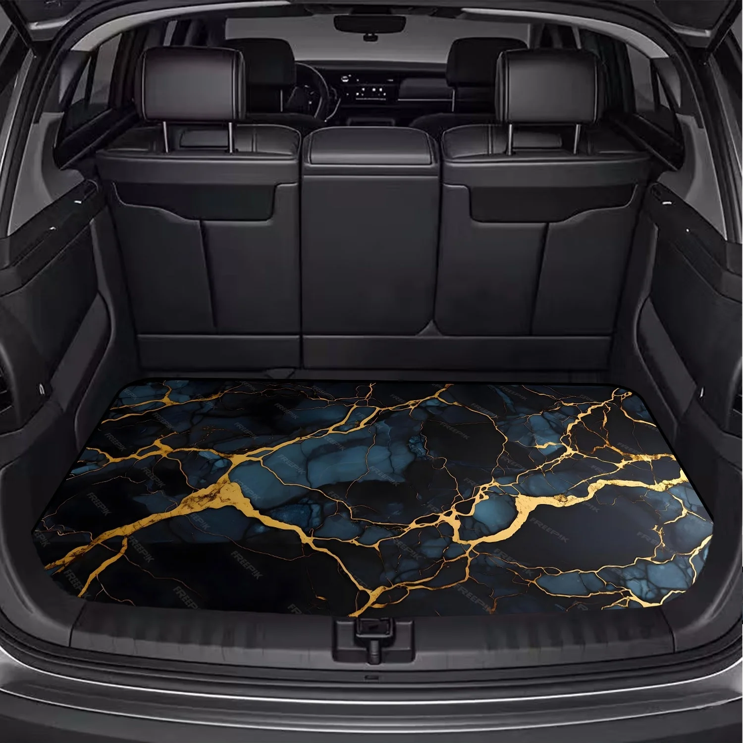 Car Trunk Mat, Dark Blue Gold Vein Marble Texture Print Rear Cargo Liner, Women Car decor, Car Accessories, Interior Decoration Mat, Non-Slip Trunk Protector, Universal Fit For Sedan SUV Truck, Luxury Marbl