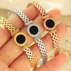 Fashion Bracelet For Women Black Acrylic Stainless Steel Couple Bracelet Carved Roman Numerals Girl Gift