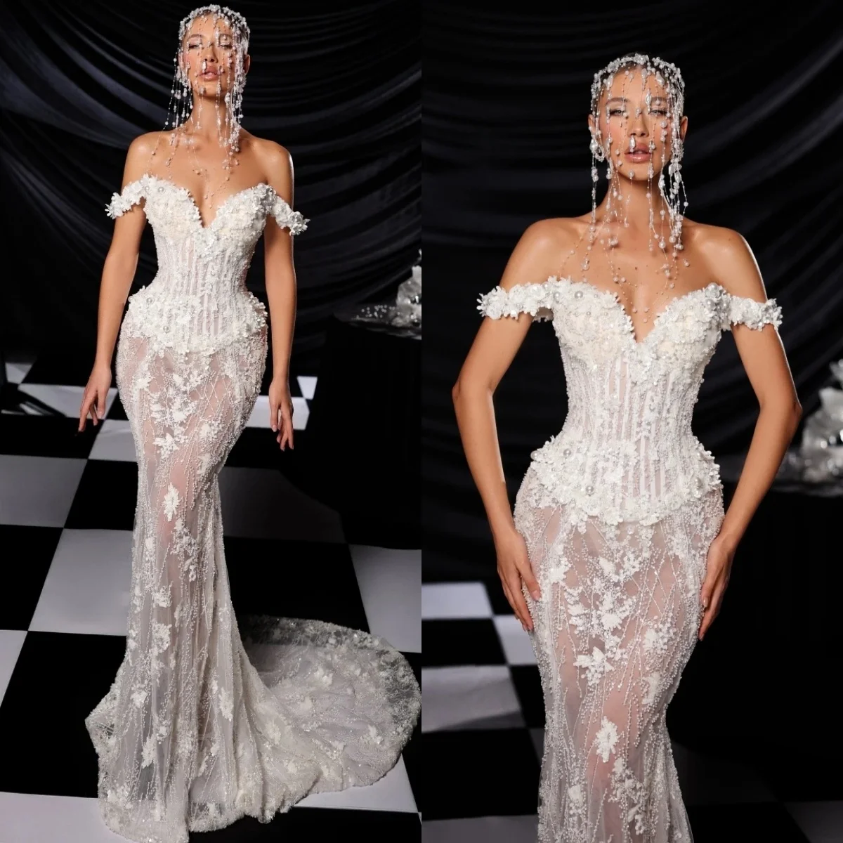 Exquisite Pearls Wedding Dresses Appliques Bridal Gowns Off Shoulder Beading See Through Mermaid Customized Vestidos De Novia