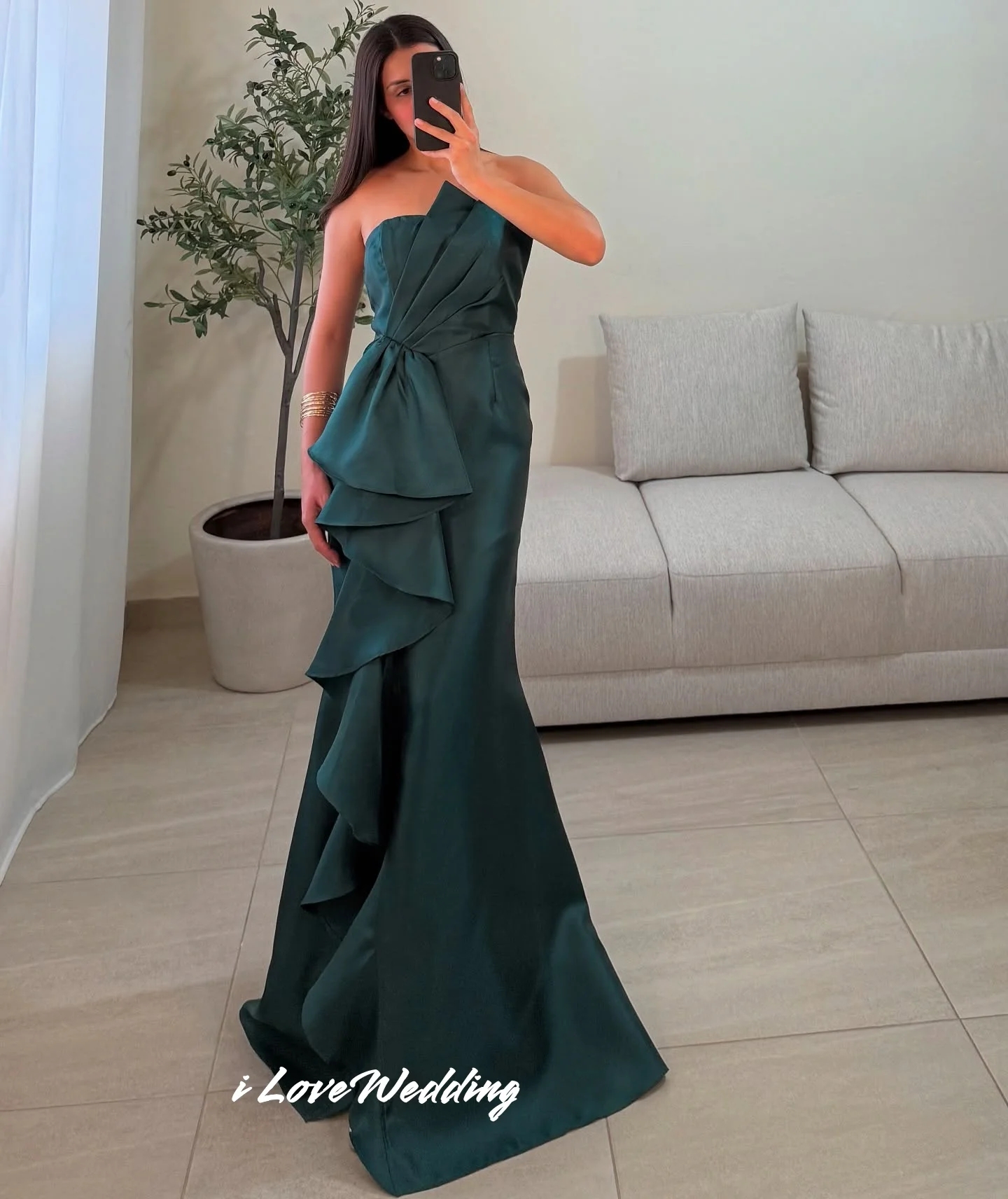 

Emerald Strapless Evening Dresses 2025 Satin Sleeveless Mermaid Split Pleated Ruched Floor Length Wedding Party Dress Customized