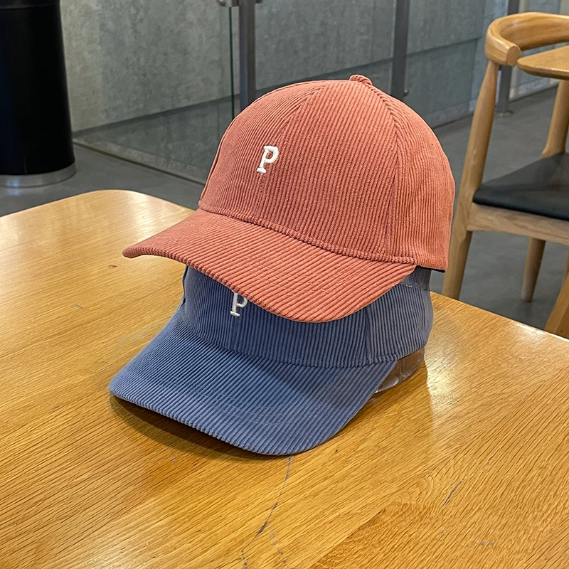 

Letters P Embroidered Corduroy Baseball Cap Men's and Women's Autumn and Winter Thick Stripe Versatile Wide Brim Peaked Cap