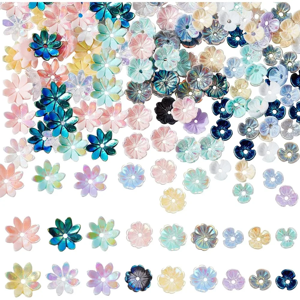 150 Pcs Flower Beads Caps, 3 Styles Resin Flower Bead End Caps Multi-Petal AB Spacer Loose Bead for DIY Craft Necklaces Bracelet