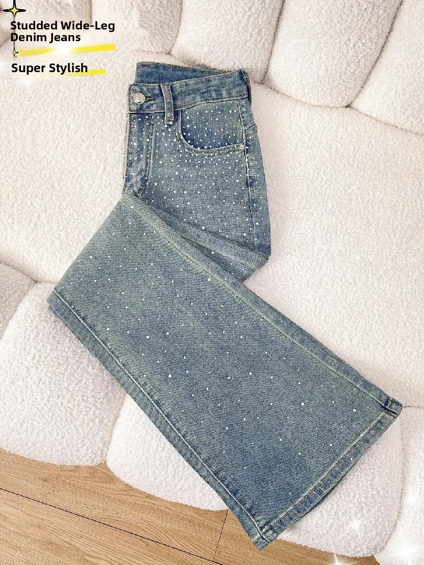 

Light Wash Rhinestone Embellished High Waist Bell Bottom Jeans Women's Fashion Spring 2026 Korean Style Slimming Bootcut Pants