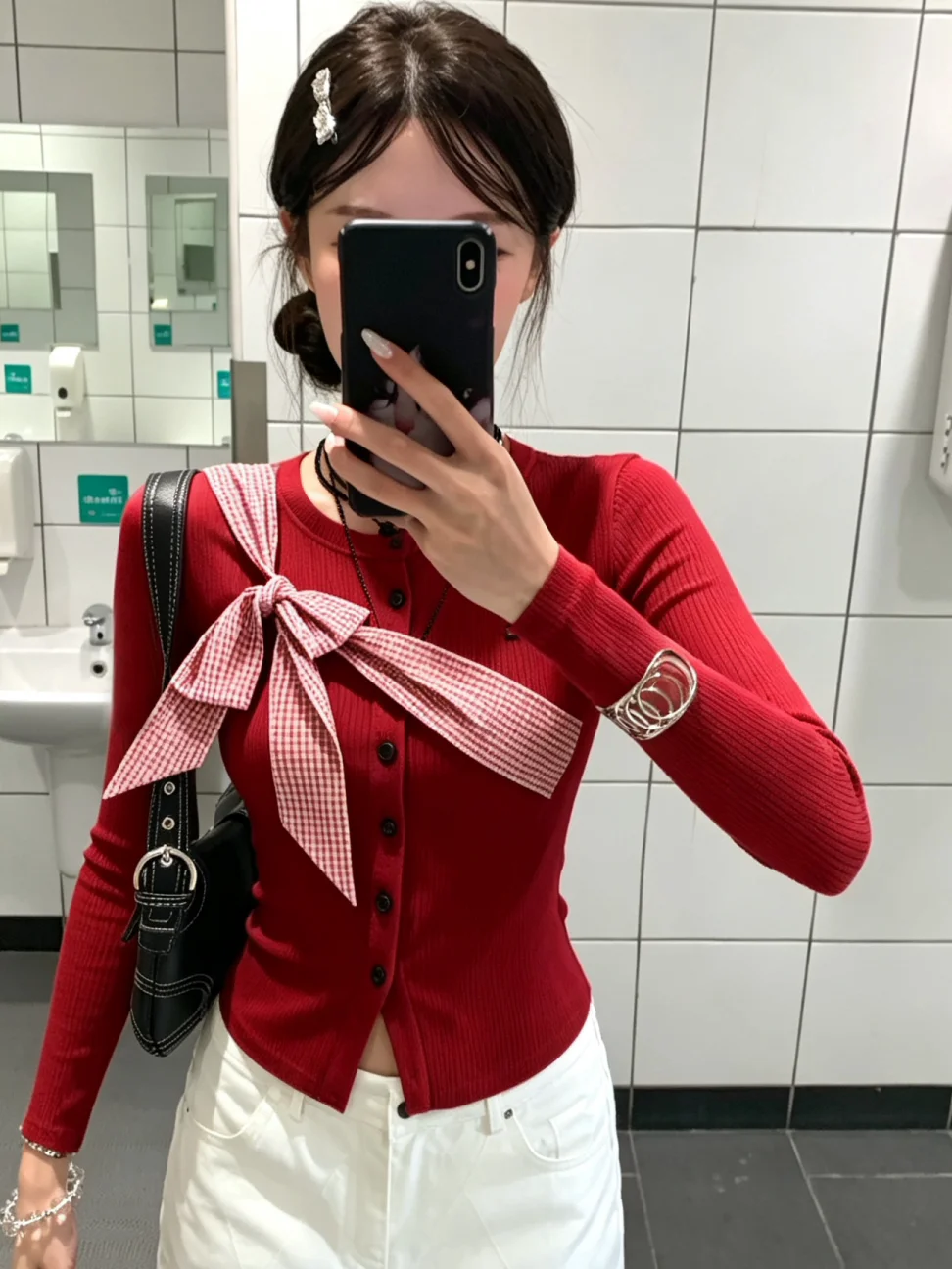 Retro Korean Plaid  Knot Long Sleeve T-Shirt Women's Autumn New Style Dopaamine Design Sensation Beautiful Small Top