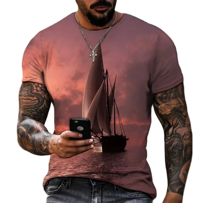 Retro Nautical Fashion Classic Men's T-shirt 3D Printing Pattern Personality Round Neck Short Sleeve Creative High Quality Top