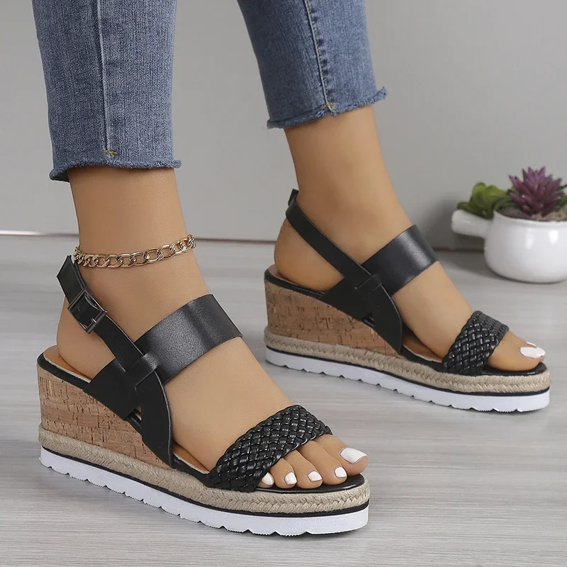 White Braided Wedge Sandals Women Summer 2025 Light Non Slip Beach Shoes Woman Fashion Buckle Strap Platform Sandalias De Mujer - Image 5