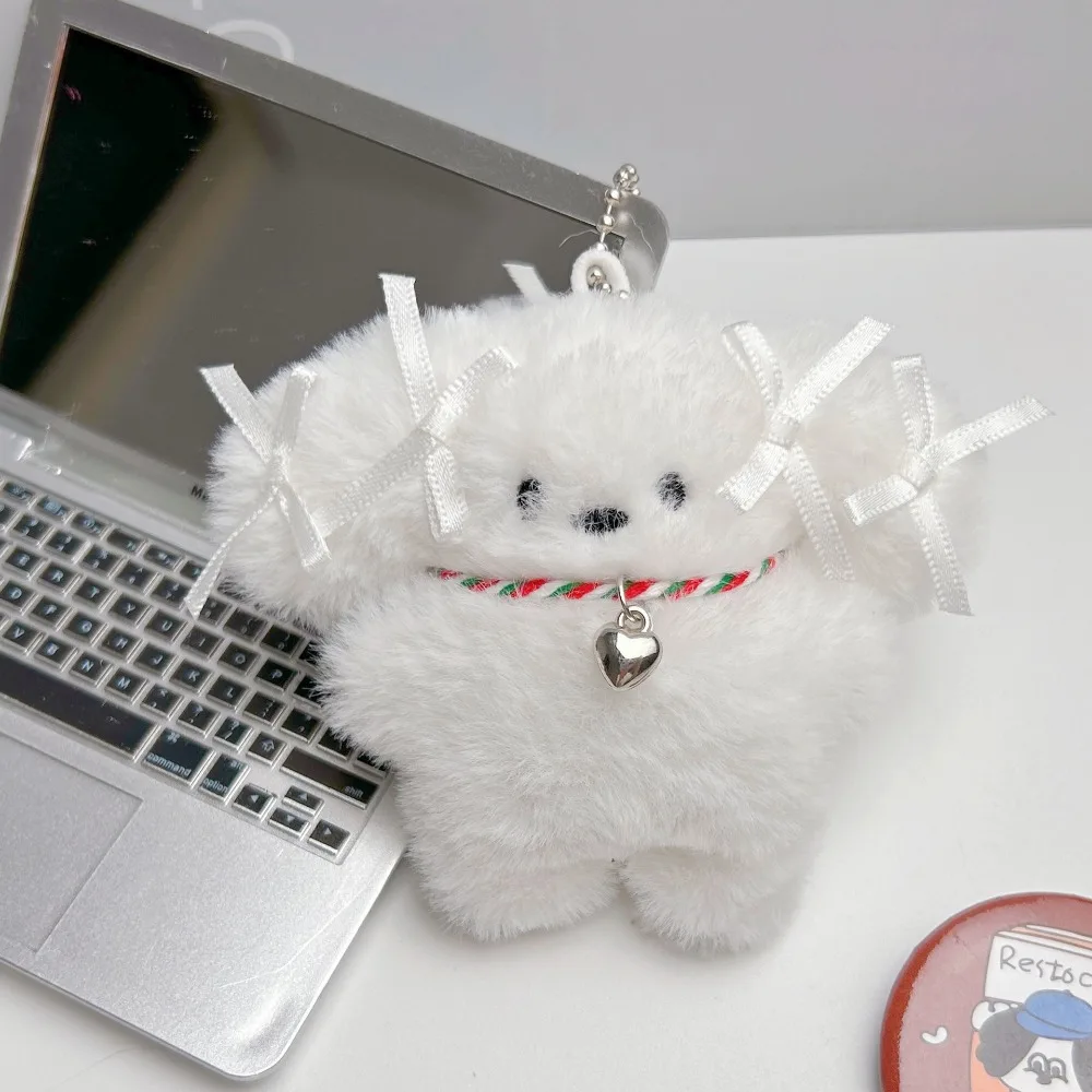 Squeak White Dog Plush Keychain Small Bell Bow Plush Doll Pendant Cartoon Stuffed Puppy Plush Keyring Children Toys