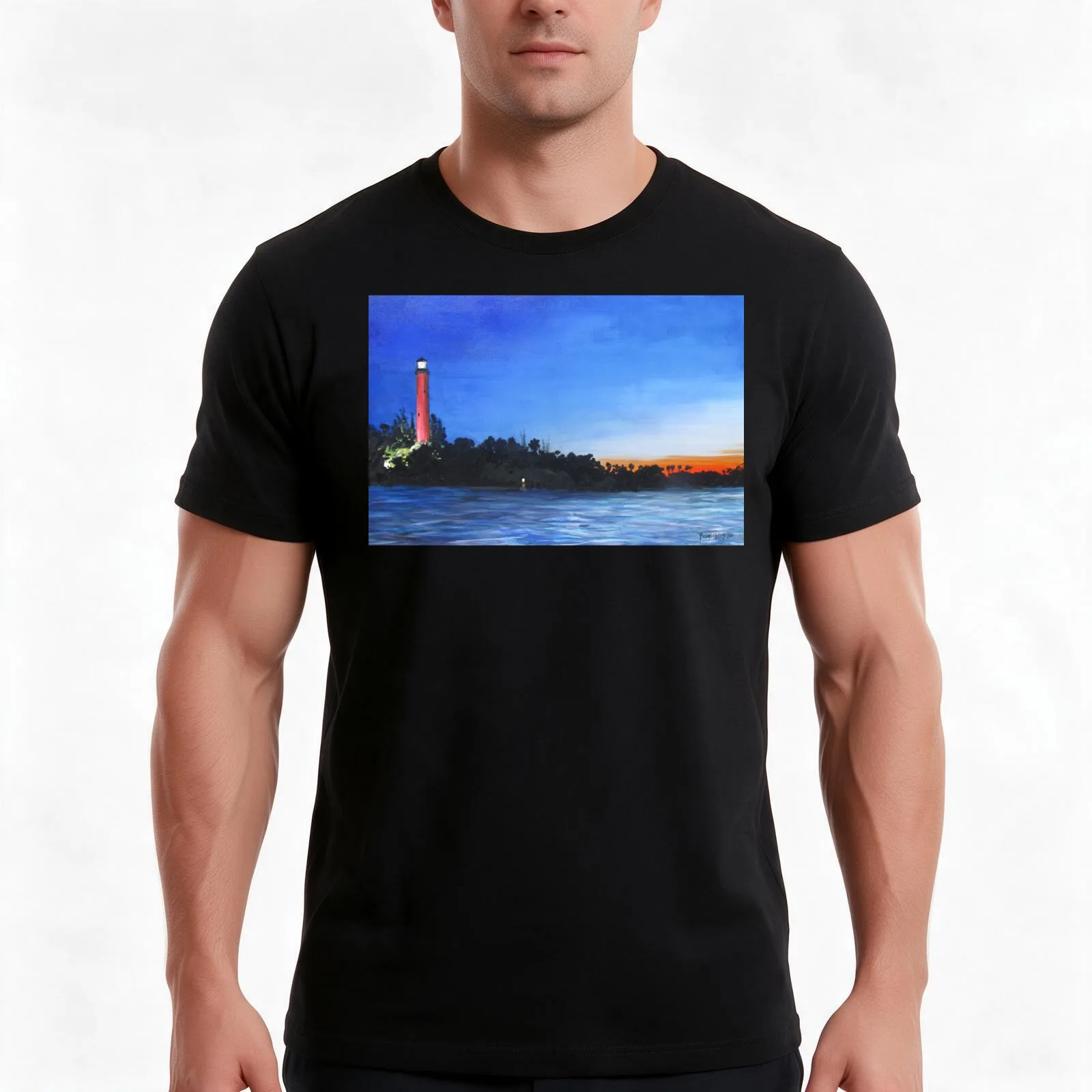 Jupiter Lighthouse at Dawn T-Shirt, Summer Casual Cotton Tee, Oversized Streetwear Tops, Vintage Graphic Print, Unisex Men Women