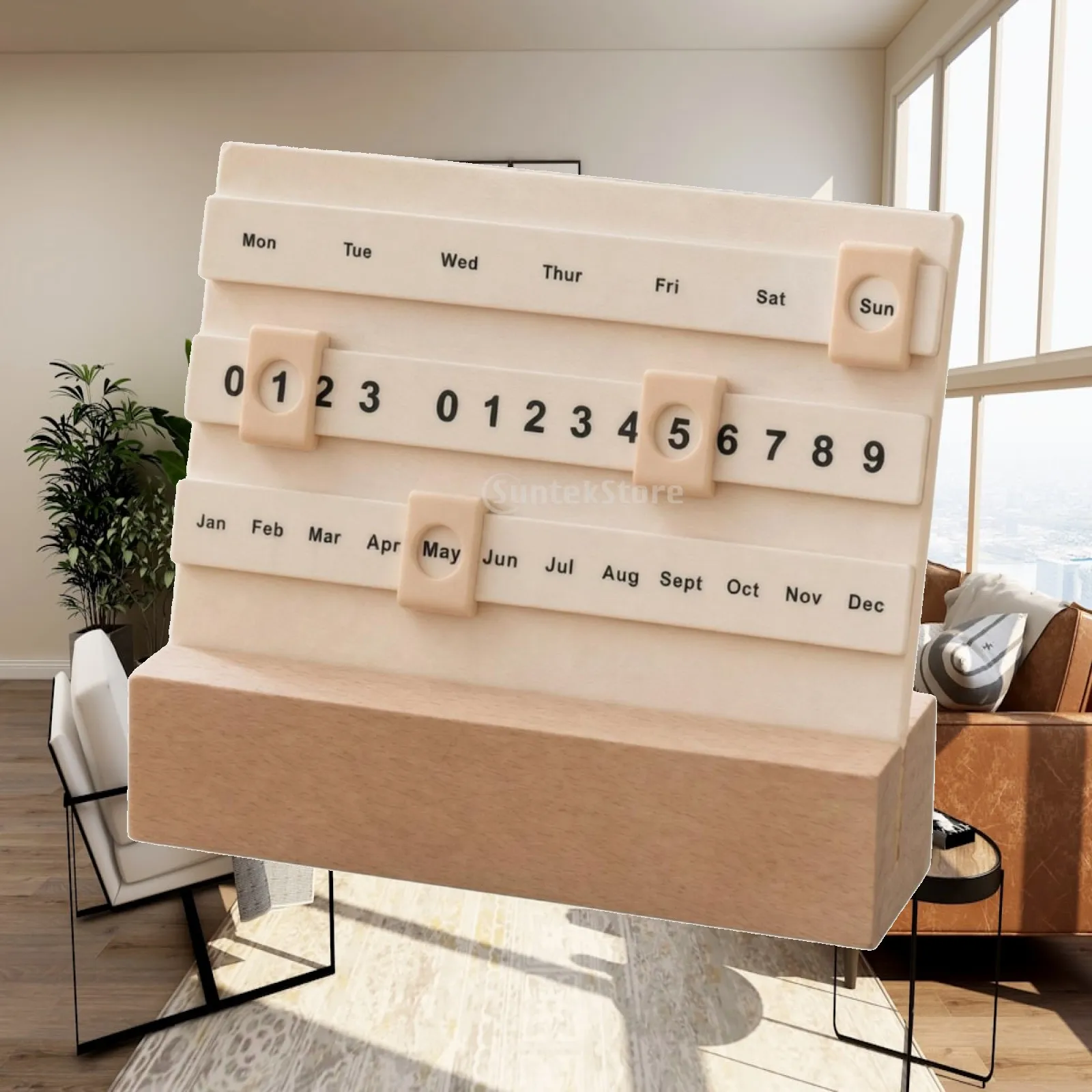 Wooden Perpetual Calendar Functional Perpetual Desk Calendar Sliding Date Tracker Compact Minimalist for Minimalists, Study Area
