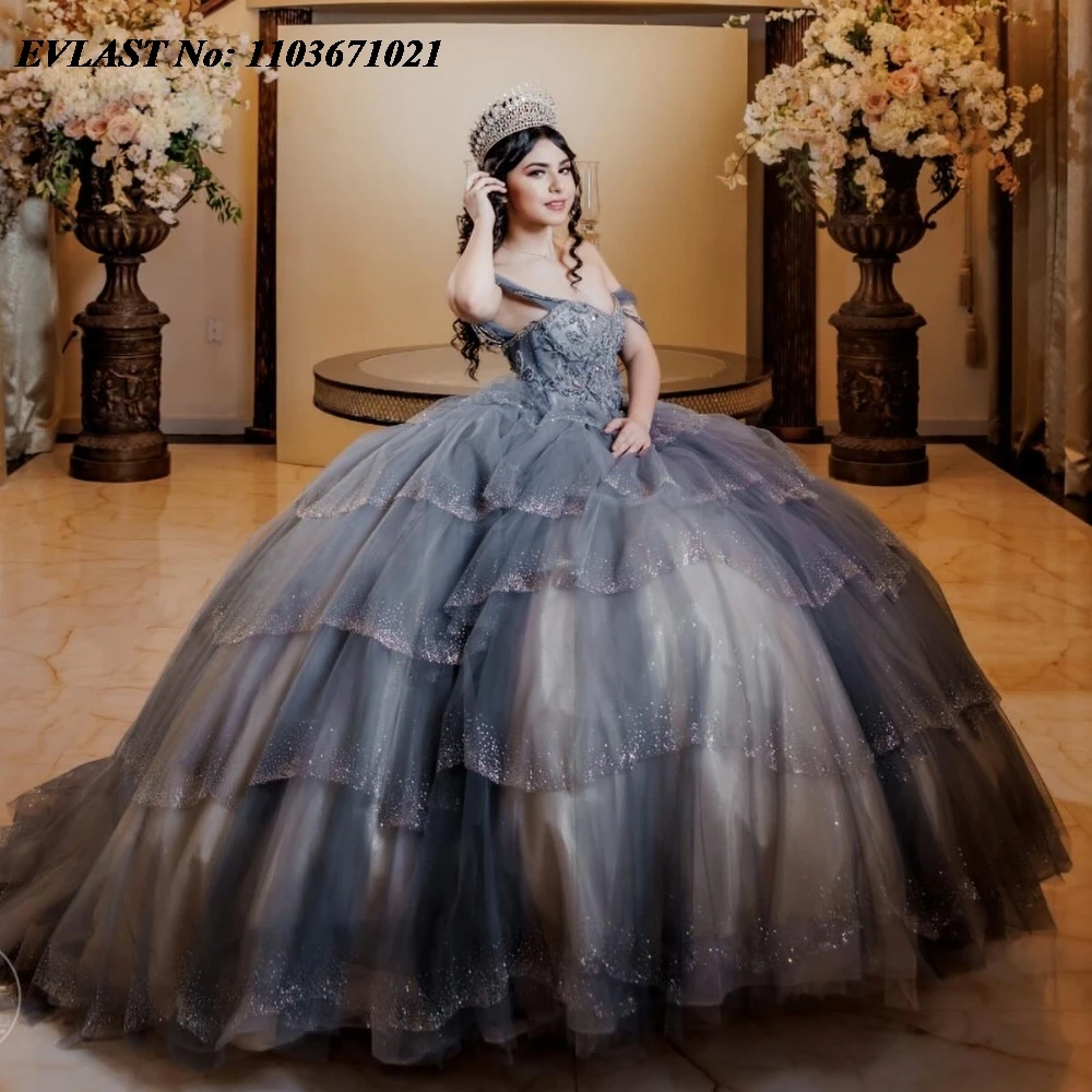 EVLAST berkilau abu-abu Quinnceanera gaun bola gaun mengkilap Applique manik-manik kristal berjenjang korset manis 16 Vestidos De 15 Anos SQ662