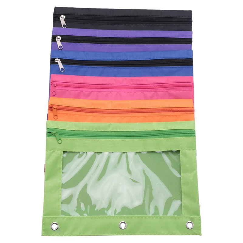 6 Pieces Ring Binder Pouch Pencil Bag With Holes 3-Ring Zipper Pouches With Clear Window (6 Colors)