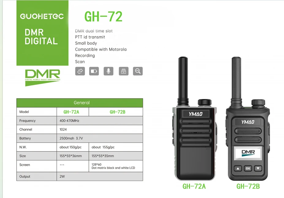 

GUOHETEC GH-72 Tiny Walkie Talkie DMR Dual Time Slot VHF UHF Screen Keyboard TWO WAY RADIO 1024 Channels Wireless Communication