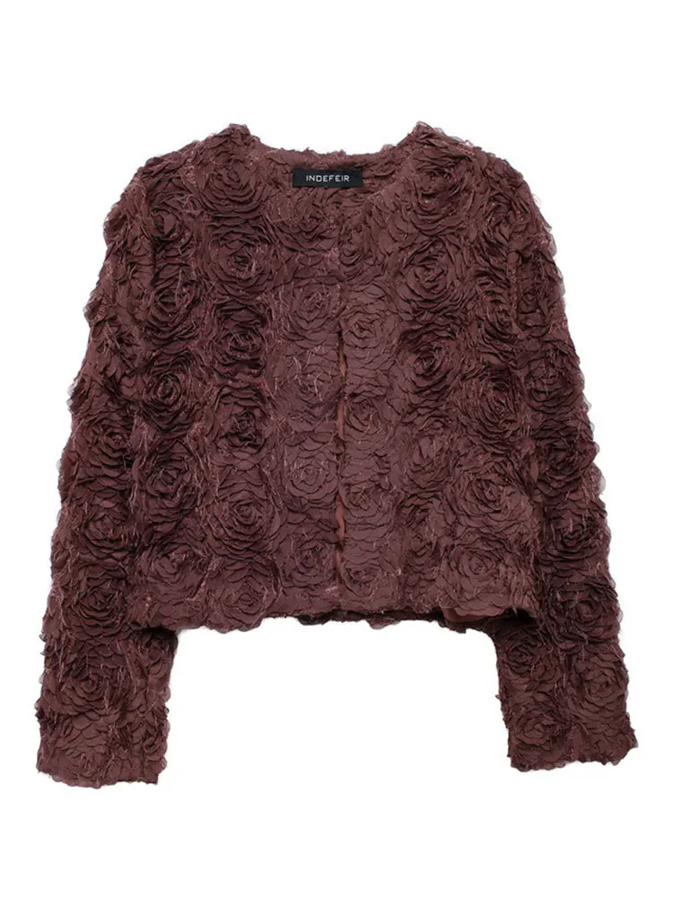 HH Women Fashion Flower Extured Cropped Jacket O Neck Long Sleeve Cardigan Coats Lady High Street Outerwear Chic Tops