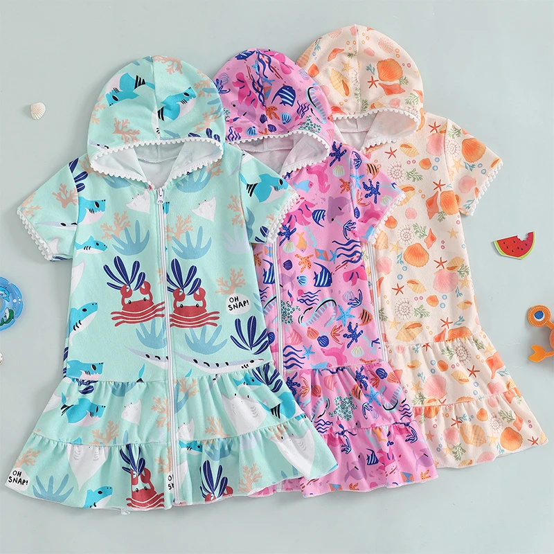 Little Girls Swim Coverups Marine Biological Print Short Sleeve Hooded Dress Zip-Up Beach Robe