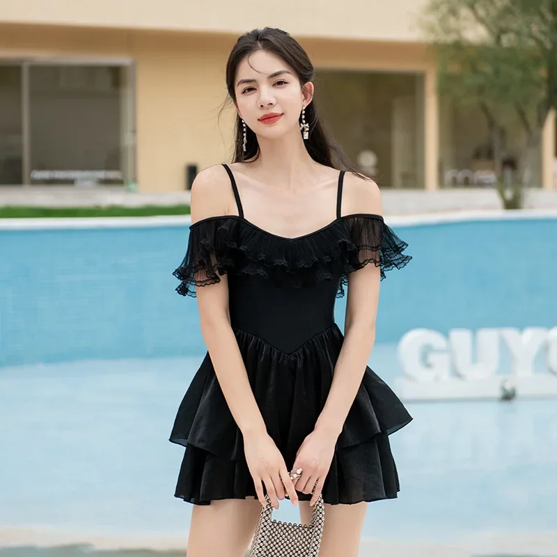 

Korean One Piece Swimsuit Woman 2024 Solid Sexy Skirt Mesh Stitching Backless Swimsuit with Shorts Skirt Bikinis Sets