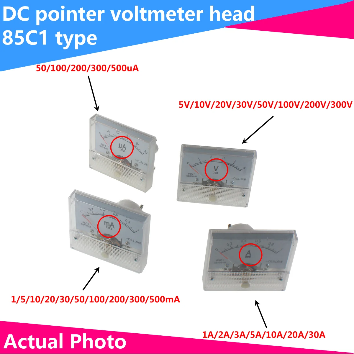 1PC 85C1-A 15A 20A 30A 50A 75A 100A/75mV DC Analog Meter Panel AMP Current Ammeters Gauge Pointer Ammeter Use With Shunt 64*56MM