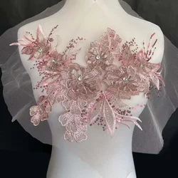 35*22CM/3d Flower corpetto Applique Patch per cucire, tessuto di pizzo con strass di paillettes ricamo floreale cucire su toppe per abito da festa