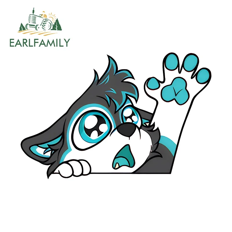 EARLFAMILY 13cm x 12.9cm Furry Dog Raising Hand Car Sticker Cute Anime Peek Decal Waterproof Windows Occlusion Scratch Decor