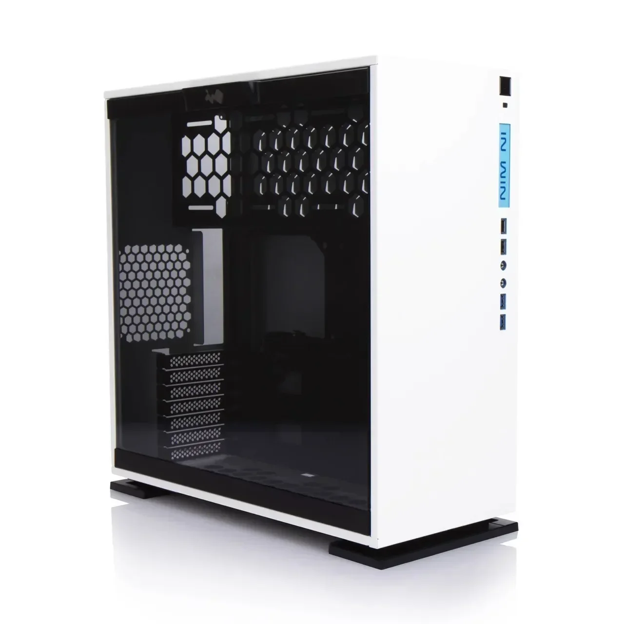 ATX Desktop PC with TUF Liquid Cooling, Side-Panel Window, 220V Power Supply, and Black-and-White Color Scheme