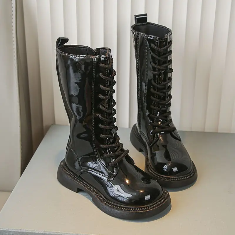 

2026 New Autumn Kids Black Patent Leather Long Boots for Girls Fashionable Children's Winter Footwear with Soft Sole