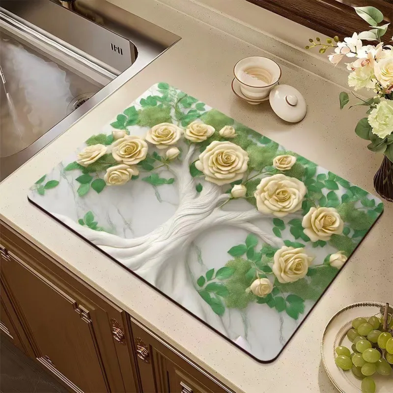 

Printed Flower Drying Mat for Countertop Kitchen Drainer Pad Dining Table Super Absorbent Placemat Coffee Machine Counter Drying