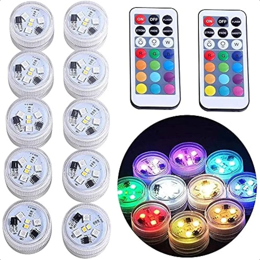 

Mini Submersible Led Lights with Remote Small Underwater Tea Lights Candles Waterproof 1.5" RGB Multicolor Flameless Accent Lig