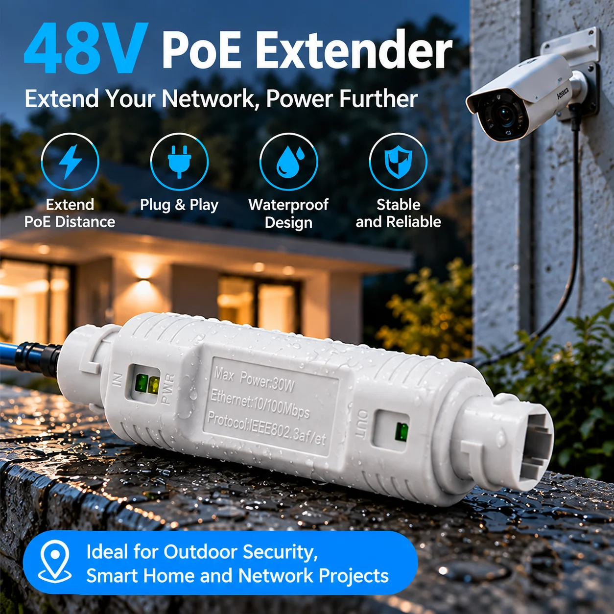 48V POE Extender/Repeater Plug and Play Waterproof Extension POE Injector Adapter 100Mbps Ethernet Extension for IP Camera