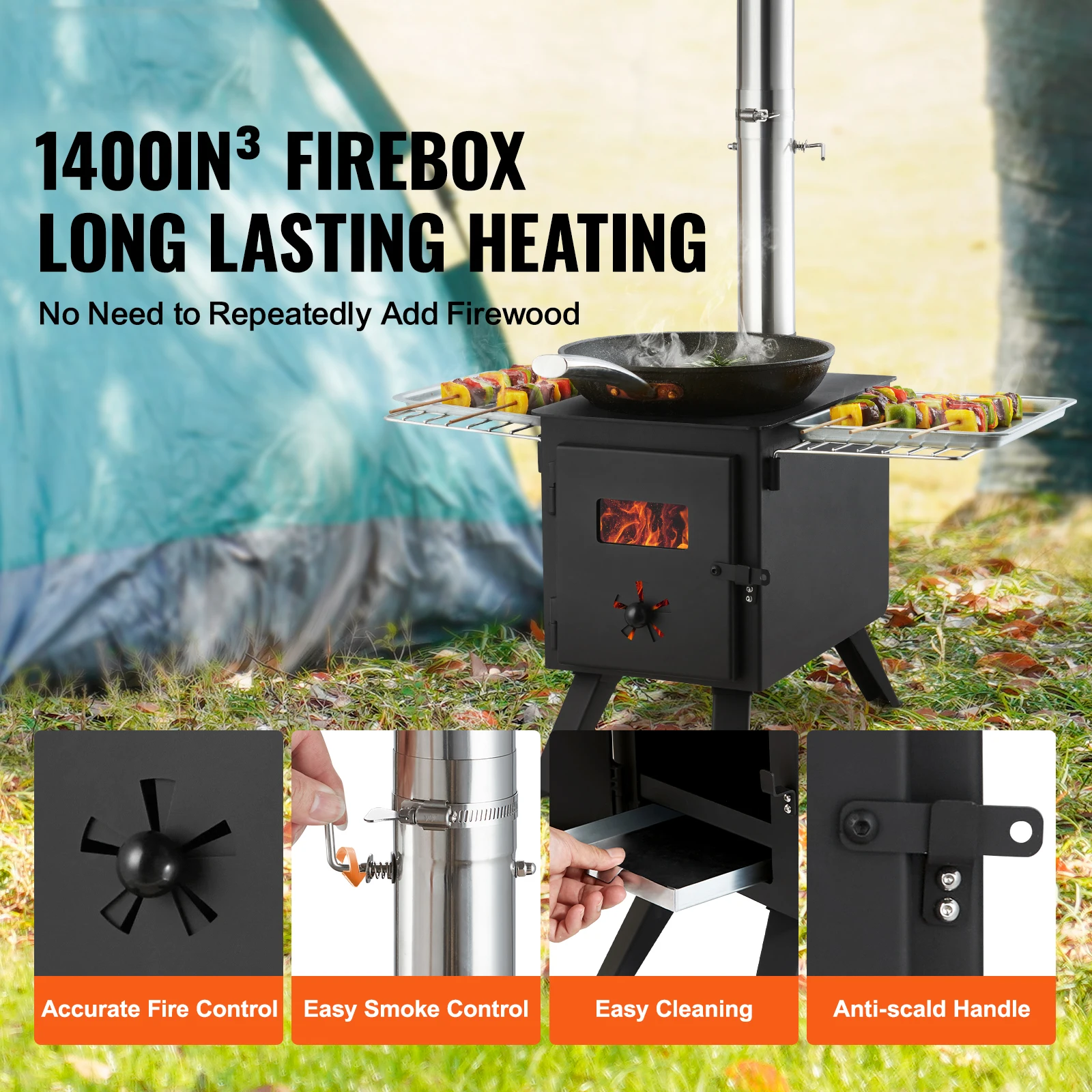 Wood Stove, 86 inch, 1400in³Firebox Hot Tent Stove for Outdoor Cooking and Heating with 8 Pipes, Alloy Steel Camping Tent Stove, Portable Wood Burning Stove with Chimney Pipes & Gloves
