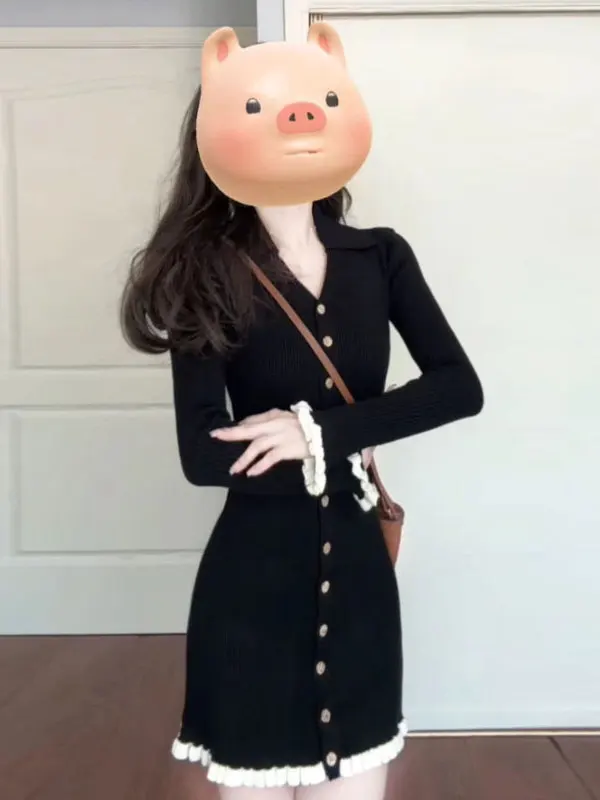 한국 스타일 니트 랩 어라운드 브이넥 슬림핏 드레스 하이 센세이션 겨울 패션 심플 엘레강스 바디콘 드레스