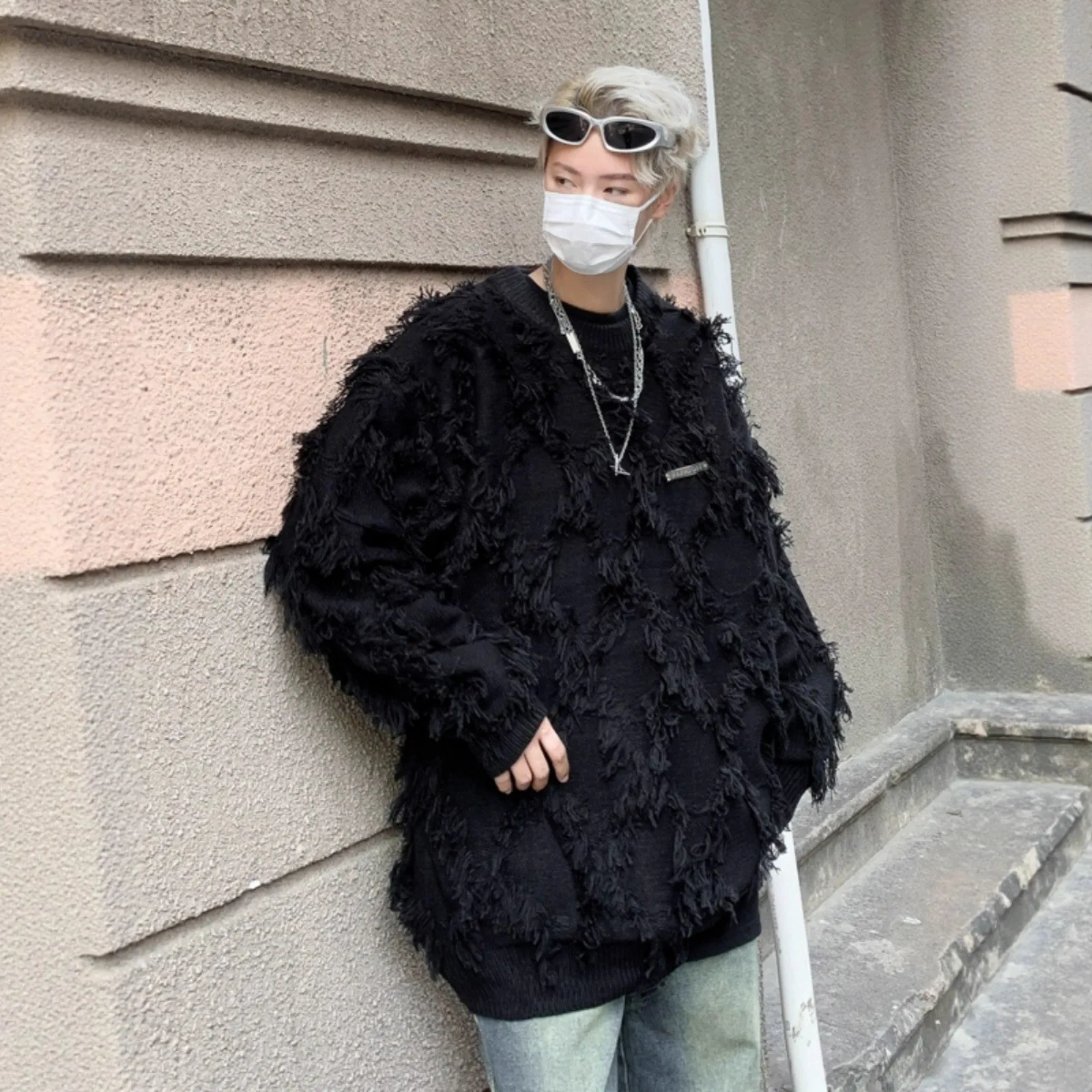 الأمريكية الرجعية شرابة تريكو الرجال الخريف الشتاء Thiened فضفاض Faion جولة Ne البلوز ألياف البوليستر الدافئة لباس غير رسمي