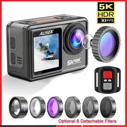 AUSEK M81TR Action Camera 5K 4K60FPS 50MP DVR EIS With Optional Filters 5X Zoom Pre-Record 1080P Webcam Vlog Wi-Fi Sports Camera