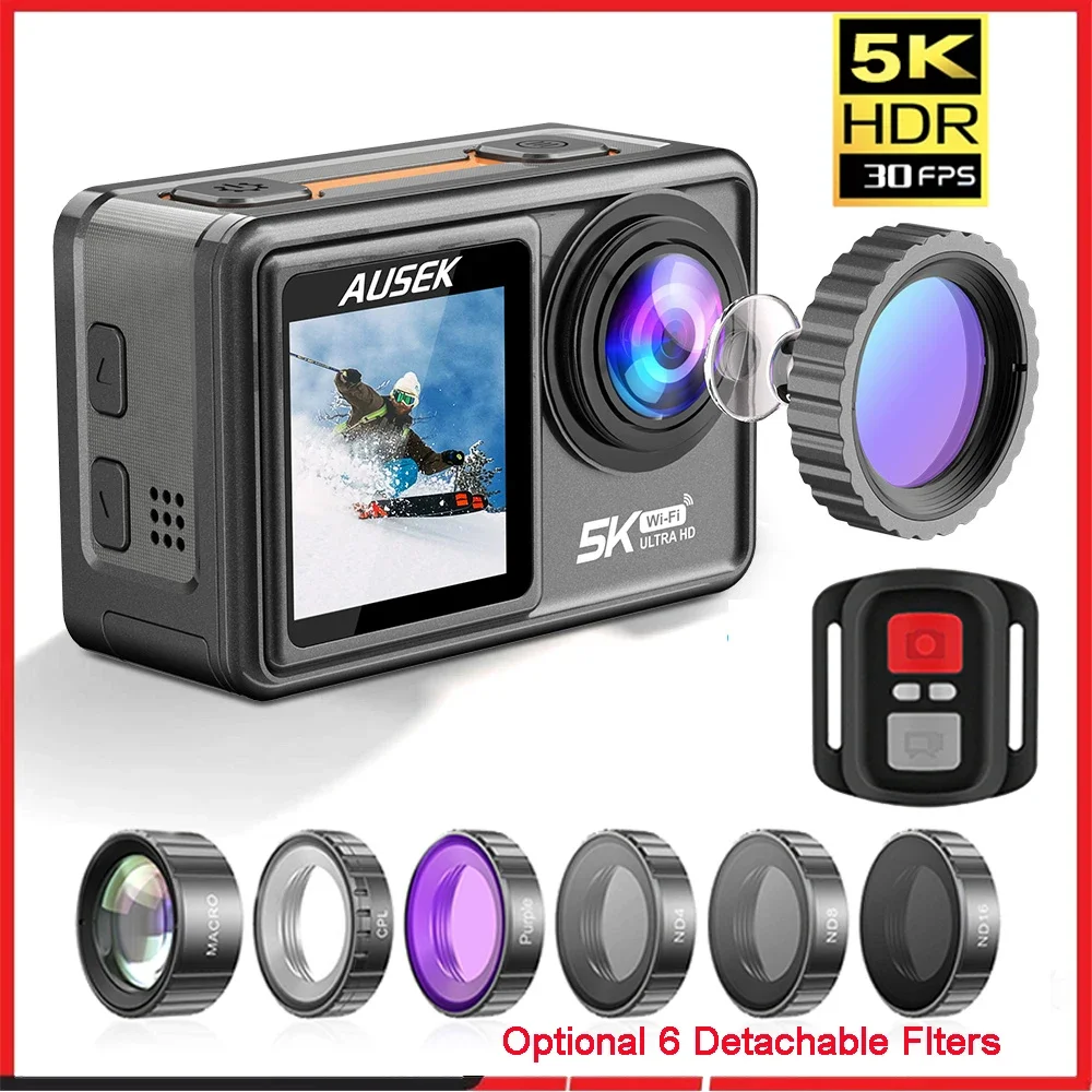 AUSEK M81TR Action Camera 5K 4K60FPS 50MP DVR EIS With Optional Filters 5X Zoom Pre-Record 1080P Webcam Vlog Wi-Fi Sports Camera