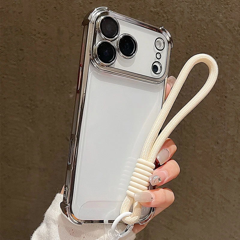 Роскошный прозрачный чехол с ярким ремешком, противоударный чехол-бампер для телефона для iPhone 17 Pro Max 17 Pro 17, чехол с ремешком на запястье и воздушным ремешком Роскошный прозрачный чехол с ярким ремешком, противоударный чехол-бампер для телефона для iPhone 17 Pro Max 17 Pro 17, чехол с ремешком на запястье и воздушным ремешком