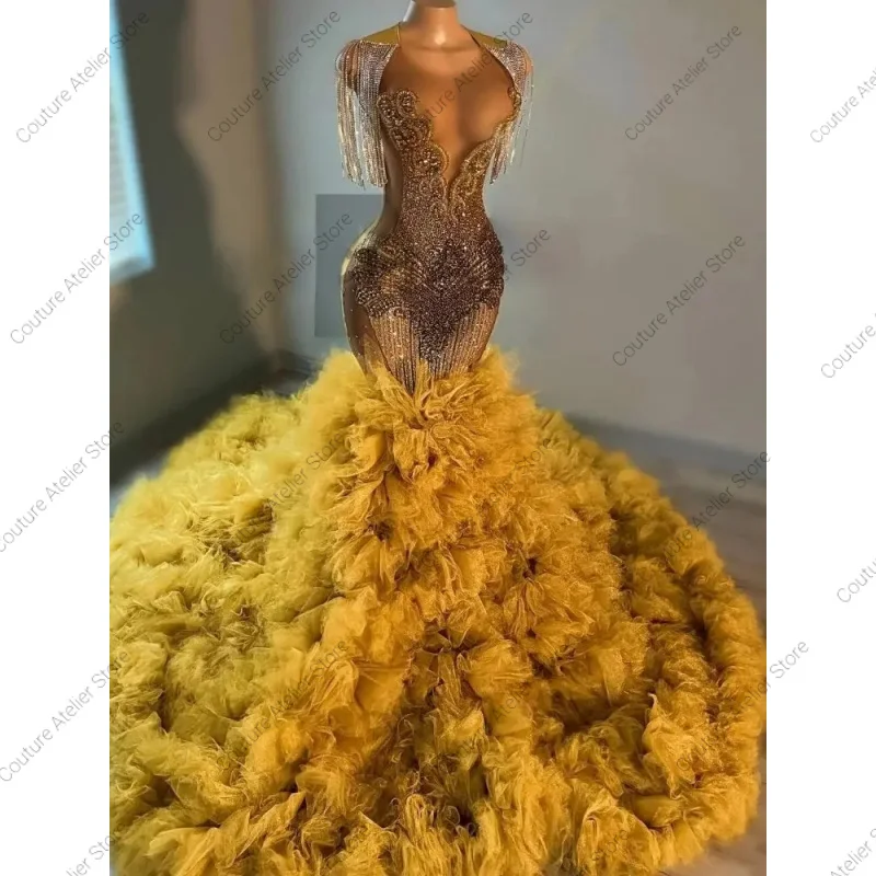 Vestido De graduación De sirena dorado brillante, cuentas brillantes, diamantes De imitación De cristal, volantes, Vestidos De fiesta De cumpleaños personalizados