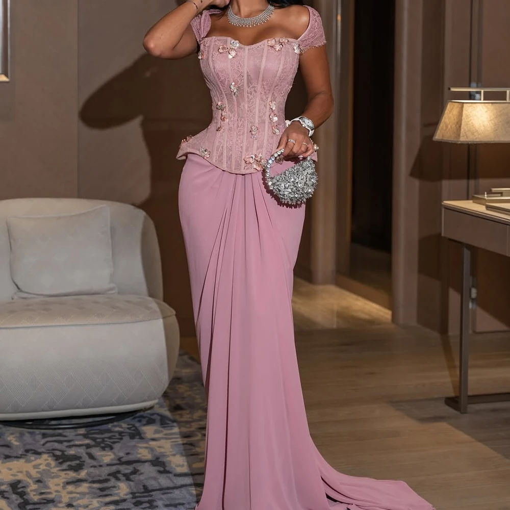 

Women's Mermaid Evening Dresses Floor-length Off The Shoulder Sleeveless Prom Gown Fashion Sequined Lace Draped Customized Gowns