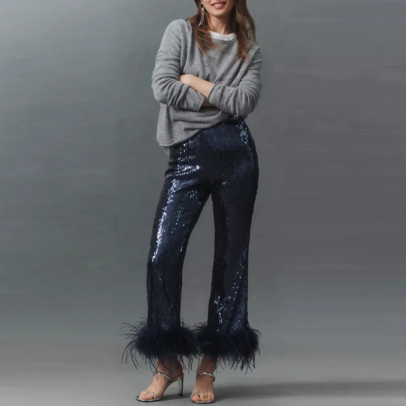 Women Sequin Flare Pants High Waist Fuzzy Hem Glitter Wide Leg Trousers Club Party Bottoms