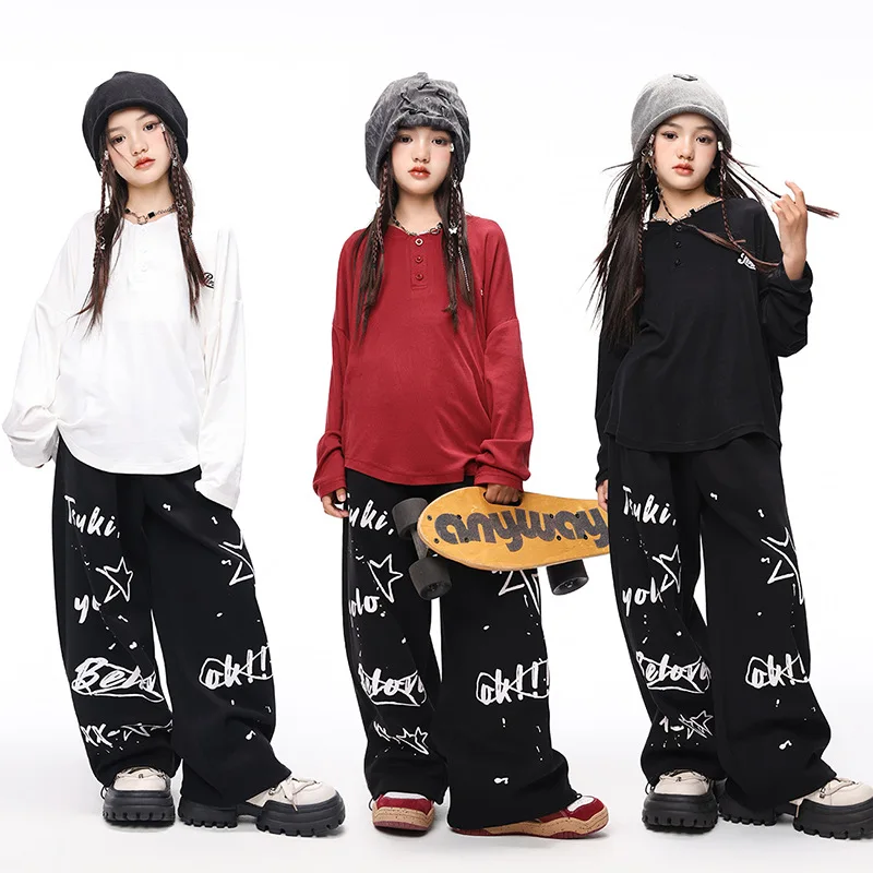 

Kid Hip Hop Clothing White Loose Fit T Shirt Black Casual Print Wide Sweat Pants for Girl Boy Jazz Dance Wear Costumes Clothes